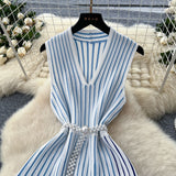 High-End Sleeveless Knitted Striped Dress Women's Summer Slanted Belt Lightly Mature Sister Temperament Long Skirt