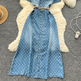 Light Familiar Style Niche Fashion Short-Sleeved Wave Dot Denim Dress Women's Waist Thin Temperament Elegant A-Word Shirt Skirt