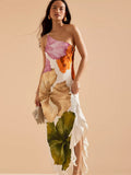 2025 Women's New Temperament Slanted Shoulder Open Fork Printing Summer Sling Dress Dress Dress Dress