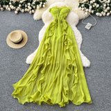 Holiday Style Dress 2025 Summer French Sexy Chest To Close Waist Thin Open Lotus Leaves Side Irregular Dress