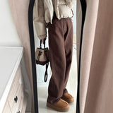 Brown Jeans Women Plus Velvet Thick 2025 Autumn And Winter High-Waisted Narrow Version Of Straight Trousers Small Drag Broad Leg Pants