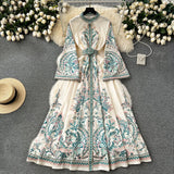 Spring Dress New Retro Print Collar Collar Horn Sleeve Dress Women's Single Buckle Large Irregularly Folded Long Skirt