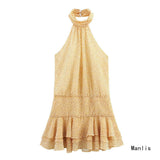Ins2025 Summer New Cascade Decoration Hanging Neck Print Short Dress