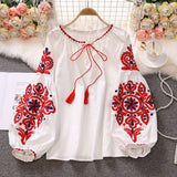 Tourist Vacation Retro National Style Embroidery With Esopre V-Neck Lantern Sleeve Shirt Shirt Women Loose Tide