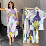 Miyaji Fashion Set Women's Summer French High-Grade Folding Print Short-Sleeved Top + Loose A Word 100-Fold Long Skirt