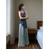 Vintage Blue Floral Sling Skirt Top Woman 2025 Summer Design Sense Niche Wearing Broad-Legged Pants Two Sets