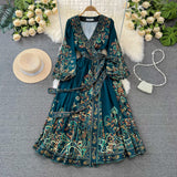 Vintage Court Lantern Long Sleeve V-Neck Belt With A Word Print Dress Elegant Swing Dress Long
