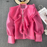 French Court Style Super Fairy Collar Layer Lotus Edge Eugen Yarn Perspective Single Buckle Shirt Female Gas Top
