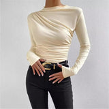2025 Solid Color Trim Bottom Shirt Folding Design Long-Sleeved T-Shirt Lady Top