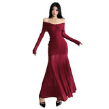 2025 Autumn And Winter New Women's Pure Color Temperament Sexy Word High Waist Waist Dress Dress Women
