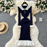 Autumn New Retro Bumpy Dolls To Receive Waist Knitted Dress Female Elastic Temperament Lotus Leafy Dress