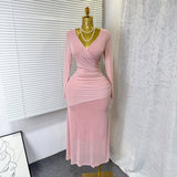 Autumn New Sexy Cross-Dress V-Neck Long Sleeves Elastic Mesh Hot Diamond Dress Female Elegant Dress