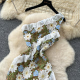 French Light Luxury Name Heavy Industry Hollow Hook Lace Dress Female Senior Wood Ear Splicing Oblique Shoulder Skirt