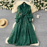 French High-End Women's Dress 2025 Spring Collection Heavy Industry Embroidery V Neck Lantern Sleeve Single Row Buckle Long Skirt
