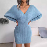 Autumn/Winter 2025 Cross-Win V-Neck Bat Dress Bag Hip Dress Sweater Dress Women's Fashion
