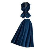 French Age-Down Suit Women's Summer Ripe Wind Folds Back-Clip-Free Denim Blouse + High Waist Half