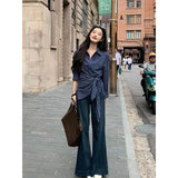 French Temperament To Collect Blue Striped Shirt Women Spring And Autumn Small Design Slim Slim Long Sleeve Top