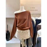 French Irregular Collared Strap Bat Sleeve Knitted Shirt Women Early Autumn High-Level Feeling Unique To Super-Good-Looking Top