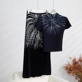 Miyaji Fashion Set Women's Summer French High-Grade Folding Print Short-Sleeved Top + Loose A Word 100-Fold Long Skirt