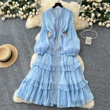 French Elegant Temperament Dress Female Heavy Industry Hot Diamond Lace To Receive Waist Thin Lantern Sleeves Side Dress