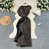 Three-House Folded Dress Design Irregular Lotus Leaves Side To Receive Waist Repair Bright Silk Pressure Folds