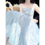 Seaside Vacation Light Blue Mesh Sling Dress Women's New Gentle Wind White Beach Floral Dress