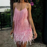 Fashion Lysing Shiny Birthday Party Feather Splicing Dress Dress Dress