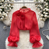 French Shirt Female Design Sense Small Three-Dimensional Flower Bubble Sleeves To Reduce The Age Of Pure Color Chiffon Shirt Women's Long-Sleeved Top