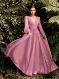 Evening Dress New Long-Sleeved Chiffon Sexy Temperament Deep V Side Button Bridesmaid Dress