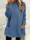 2025 Women's Autumn And Winter New Long-Sleeved Round-Neck Casual Loose Plush Wear Pocket Top Woman