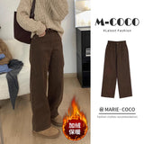 Vintage Brown Plus Velvet Jeans Women's Autumn And Winter High-Waisted Thin Straight Barrel Loose Broad Legs Long Trousers