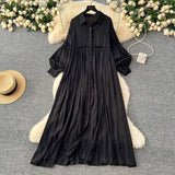 Artistic Retro Casual Dress Women's 2025 Spring Folding Lantern Sleeve Casual Loose Single-Dripple Shirt Long Dress