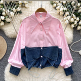 Spring Dress Korean Fashion Design With Bow Denim Spliced Long-Sleeved Shirt Women Loose Shirt Top