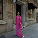 Spring And Summer Women's Solid Color Tie Shirt Broad Leg Trousers Set Casual Two Sets