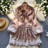 Spring Dress Women's Neckline Bow Tie With Lantern Sleeve Lace Splicing Bright Face Chiffon Skirt Skirt Skirt
