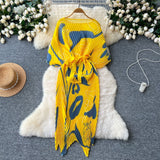 Small High-End Dress Women Design Feel Strapped Waist Bat Sleeve Pressure Fold Printing Irregular Dress Dress
