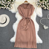 2025 Summer French Retro Temperament Polo Collar Loose Belt A-Word Knitted Dress Casual Dress
