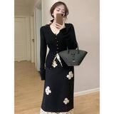 Black Retro Design Splicing Wave Point Bag Hip Half-Dress Girl 2025 Spring Slimming Temperament Long Skirt