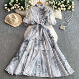 Court-Style Retro-Print Collar Bubble-Sleeved Dress Women's Summer Straps To The Waists To Show A Thin Swollen Dress