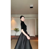 Hepburn Fashion Suit Pure Color Shoulder Five-Sleeve Top In Autumn Waist French Black Dress