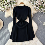 Autumn New Pure-Bround Hottie Body Long-Sleeved Knitted Dress Women Simple Round Collar Temperament Short Skirt