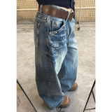 Vintage Rivet Low-Rise Straight Jeans Babes High Street Niche Design Couple Make Old Fried Street Trousers