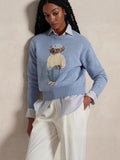 2025 New Women's Casual Round-Neck Bear Pattern Embroidered Sweater Knitted Shirt