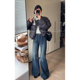 Vintage Blue T-Shirted High-Belt Plus Velvet Horn Jeans Women Autumn And Winter Spring And Autumn Narrow Version Straight Horseshoe Long Pants