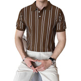 Fashion Summer High-End Short-Sleeved Men's Fashion Brand Striped Collar Ice Silk Knitted Half-Sleeved T-Shirt For Men