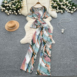 Lightly Mature Two Sets Of Women's Summer Dress Design Cross-Round Neckline Short-Sleeved Print Top High-Waisted Casual Broad-Legged Trousers