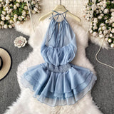 Spring And Summer 2025 New Products Hanging Neck Bare Back Texture Crippling Poneng Dress To Close The Waist Tie Sweet Holiday Wind