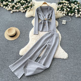 European Goods Fashionable Wearing A Famous Man's High-Level Feeling Strapped With A Waist Suit Collar Long-Sleeved Knitted Top High Waist Broad Leg Trousers