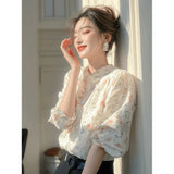 Spring 2025 New Light Luxury High-End White Printed Shirt Super Good-Looking Beautiful French Long-Sleeved Top