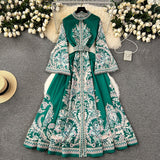 Spring Dress New Retro Print Collar Collar Horn Sleeve Dress Women's Single Buckle Large Irregularly Folded Long Skirt